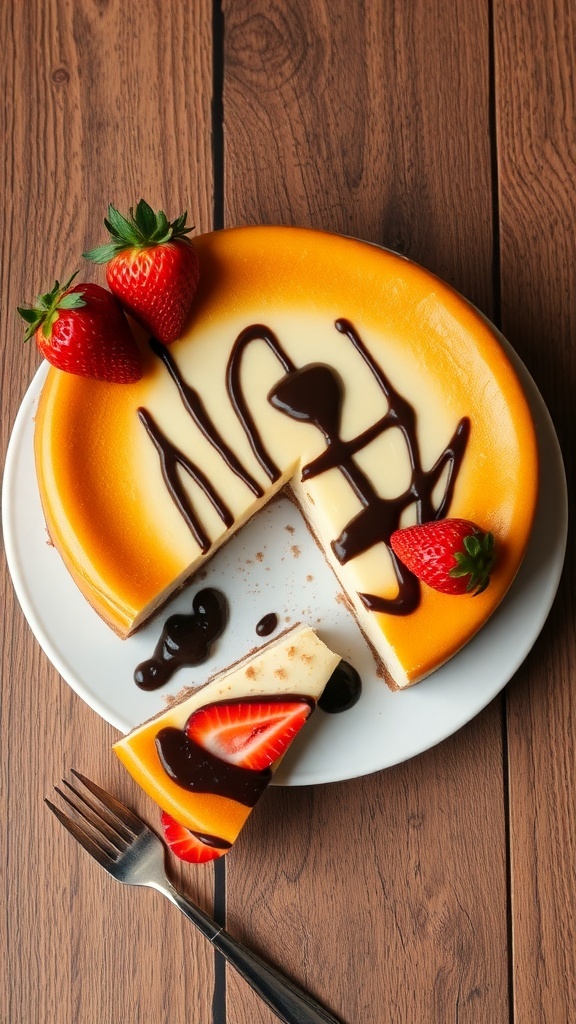 A classic baked cheesecake topped with strawberries and chocolate sauce on a wooden table.